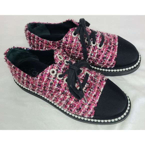 Authentic Chanel Lace Up  Pink and Black Tweed Pearl "CC" Logo Platform Sneakers - Picture 3 of 16